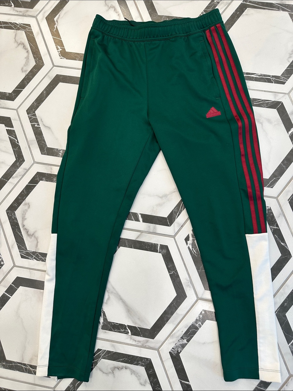 Adidas Green Joggers with Red Stripes and White Panels
